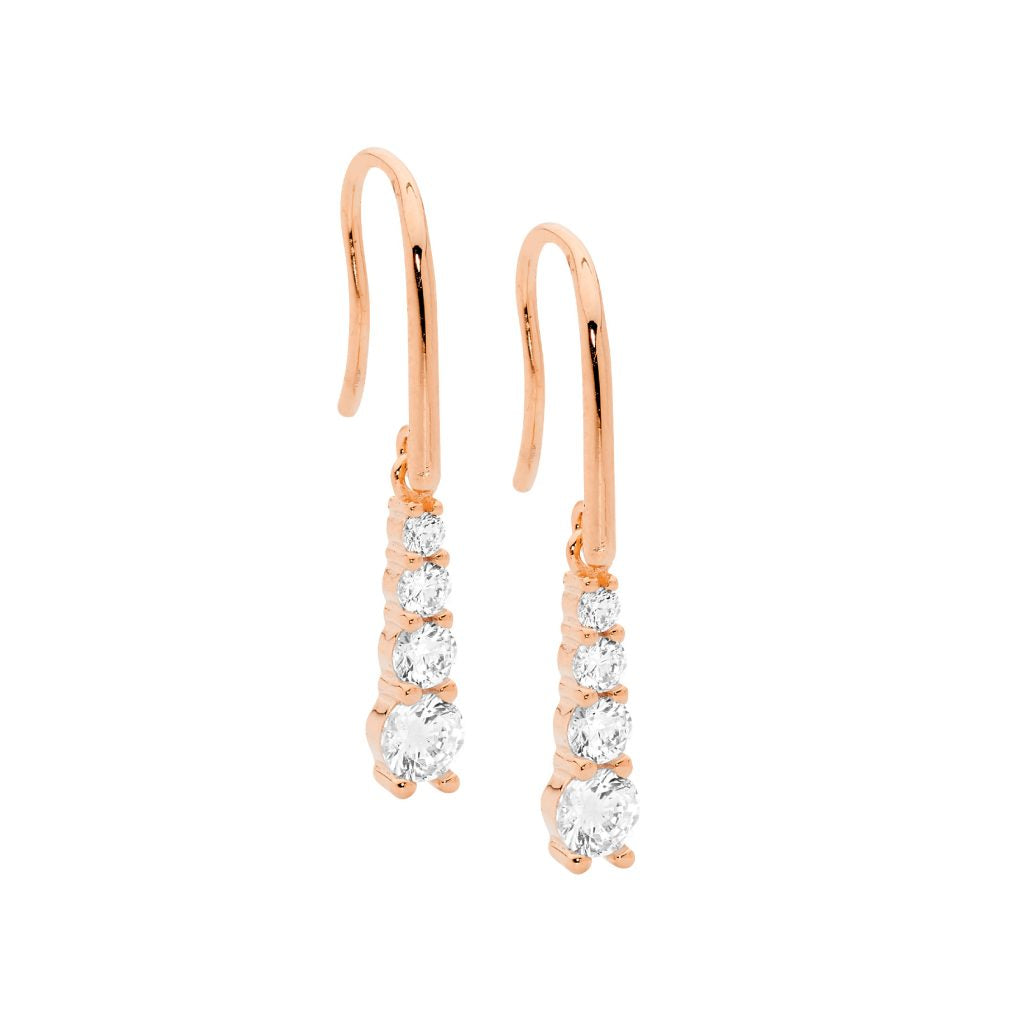 Ellani Sterling Silver Rose Gold Plated Four Gradual Cubic Zirconias Drop Earrings