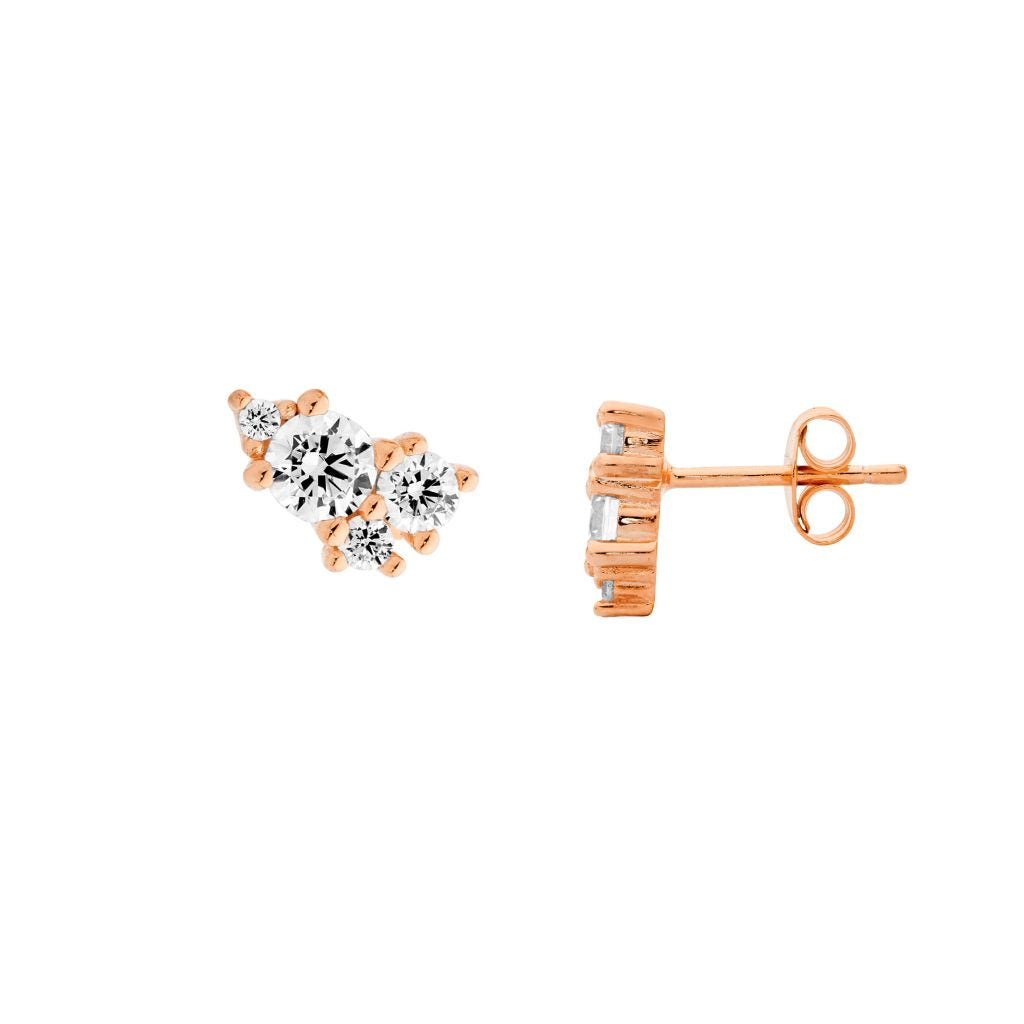 Ellani Sterling Silver Rose Gold Plated Cubic Zirconia Multi Size Round Cluster Stud Earrings