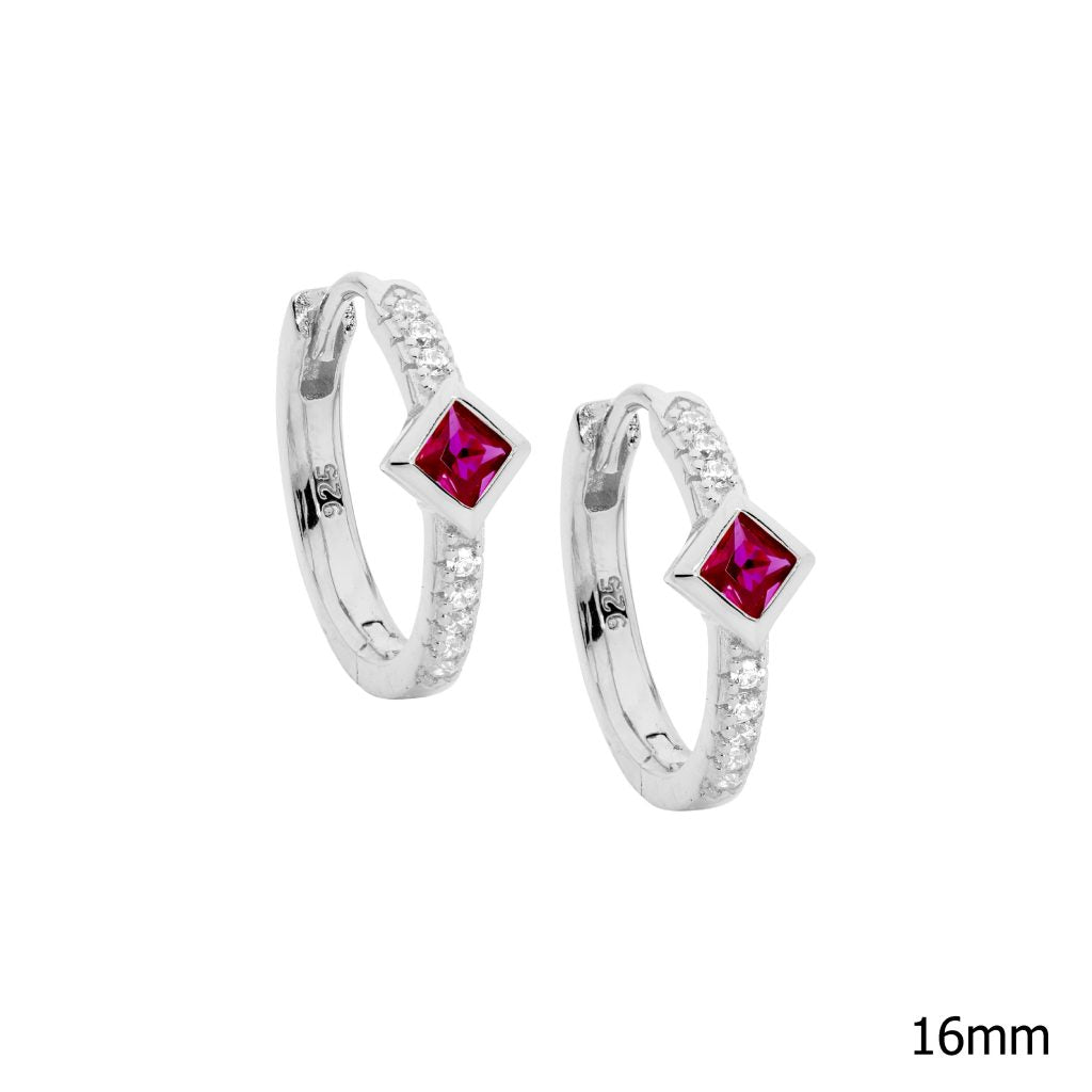 Ellani Sterling Silver Cubic Zirconia 16Mm Hoop Earrings, Red Cz Princess Cut Bezel Set