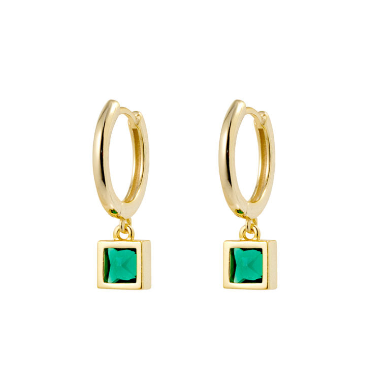 Sterling Silver Gold Plated Huggies With A Emerald Cubic Zirconia