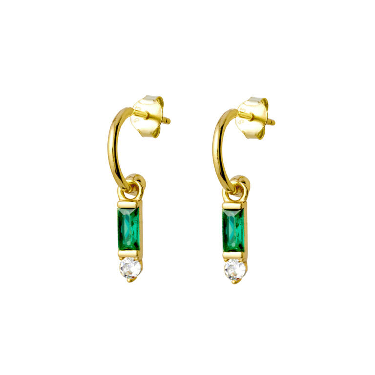 Sterling Silver Gold Plated Drop Studs With A Emerald And White Cubic Zirconia