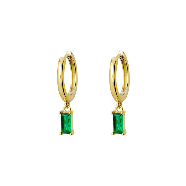 Sterling Silver Gold Plated Huggies With A Emerald Cubic Zirconia