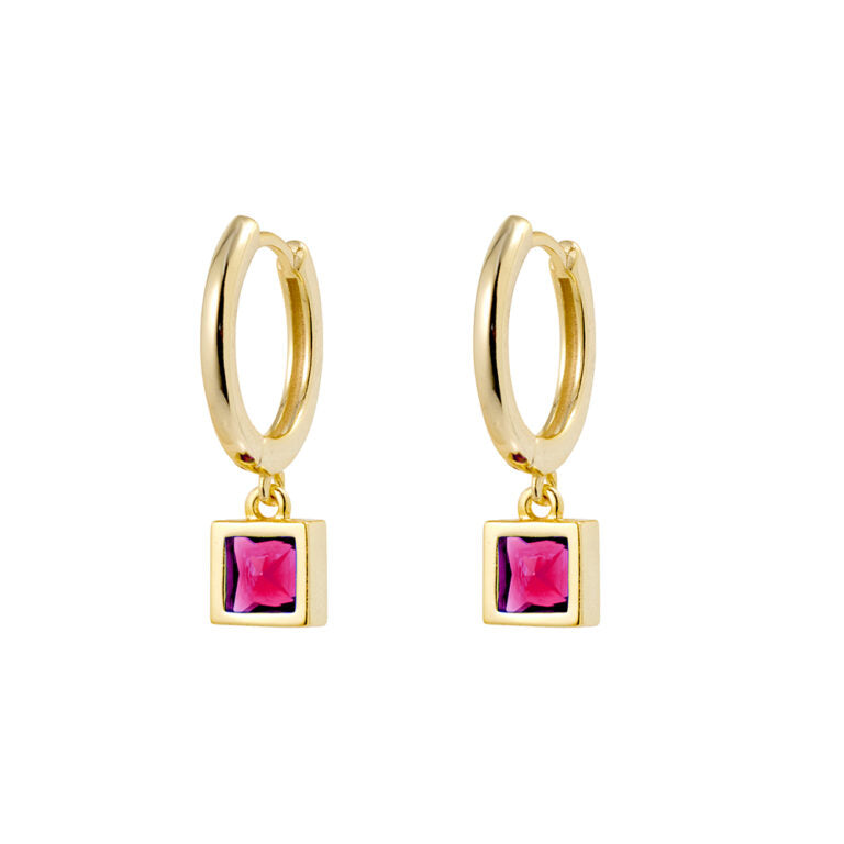 Sterling Silver Gold Plated Huggies With Ruby Cubic Zirconia