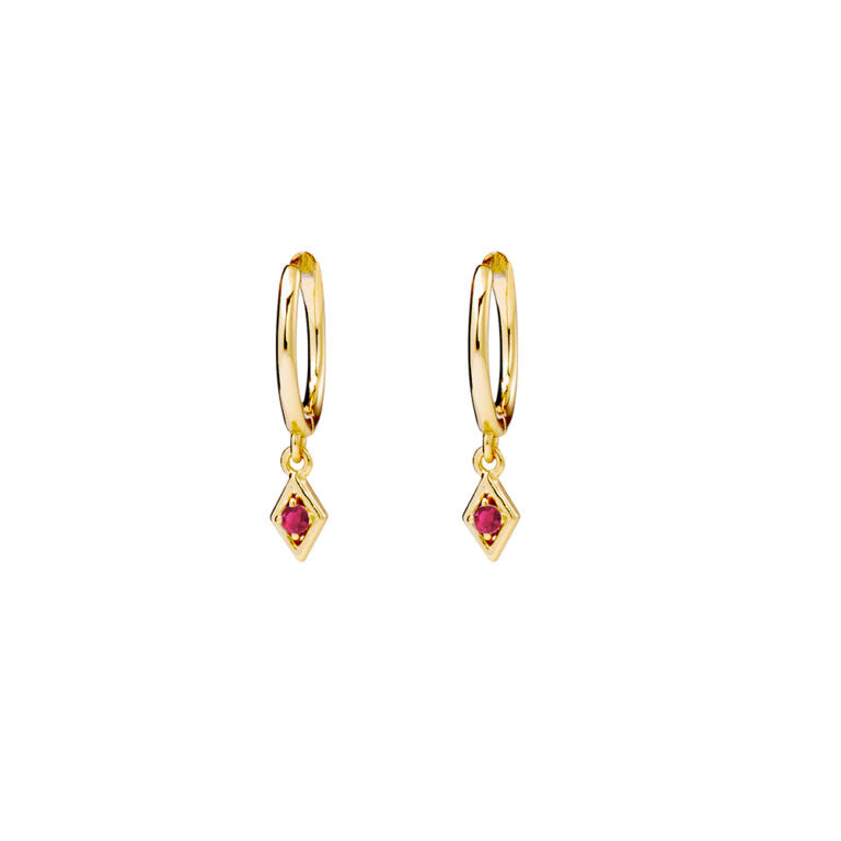 Sterling Silver Gold Plated Huggies With A Drop Ruby Cubic Zirconia