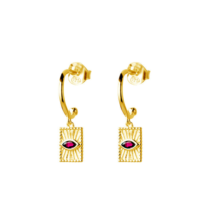 Sterling Silver Gold Plated Half Hoop Studs With Removable Ruby Cubic Zirconia Drop