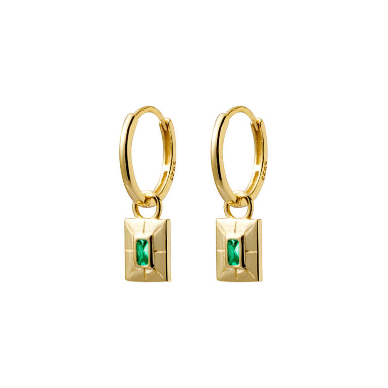 Sterling Silver Gold Plated Huggies With A Removable  Emerald Cubic Zirconia Drop