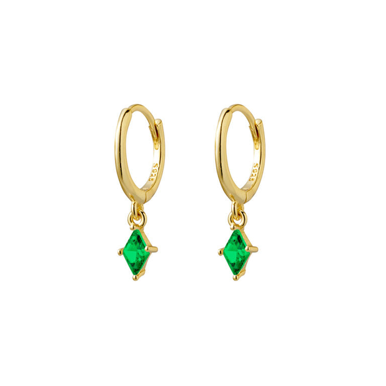 Sterling Silver Gold Plated Huggies With A Emerald Cubic Zirconia