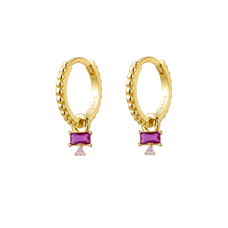 Sterling Silver Gold Plated Huggies With A Removable Ruby Cubic Zirconia Drop