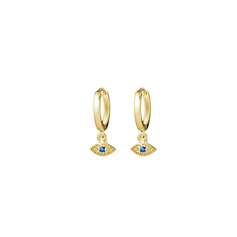 Sterling Silver Gold Plated Huggies With A Drop Blue Cubic Zirconia Evil Eye