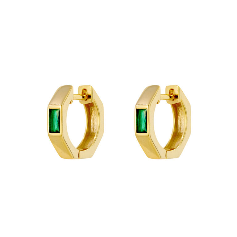 Sterling Silver Gold Plated Huggies With Bezel Set Emerald Cubic Zirconia