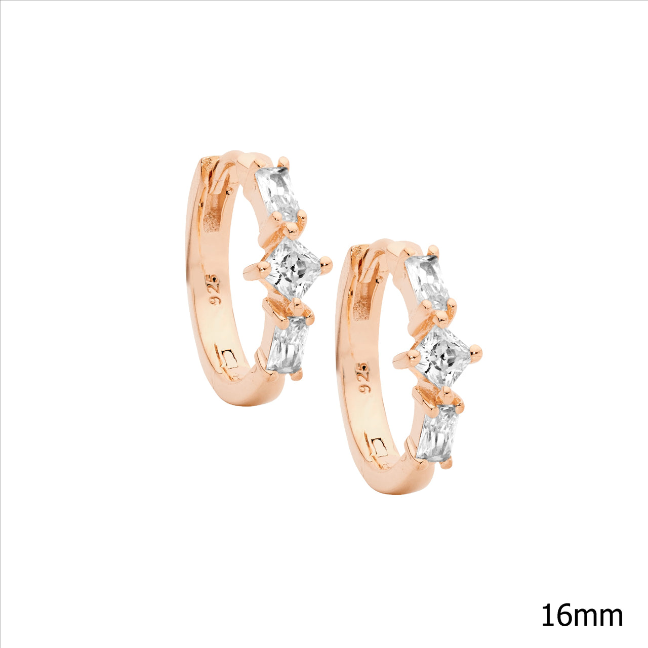 SS baguette & princess wh cz 16mm hoop earrings w/rose gold plating - RRP $119