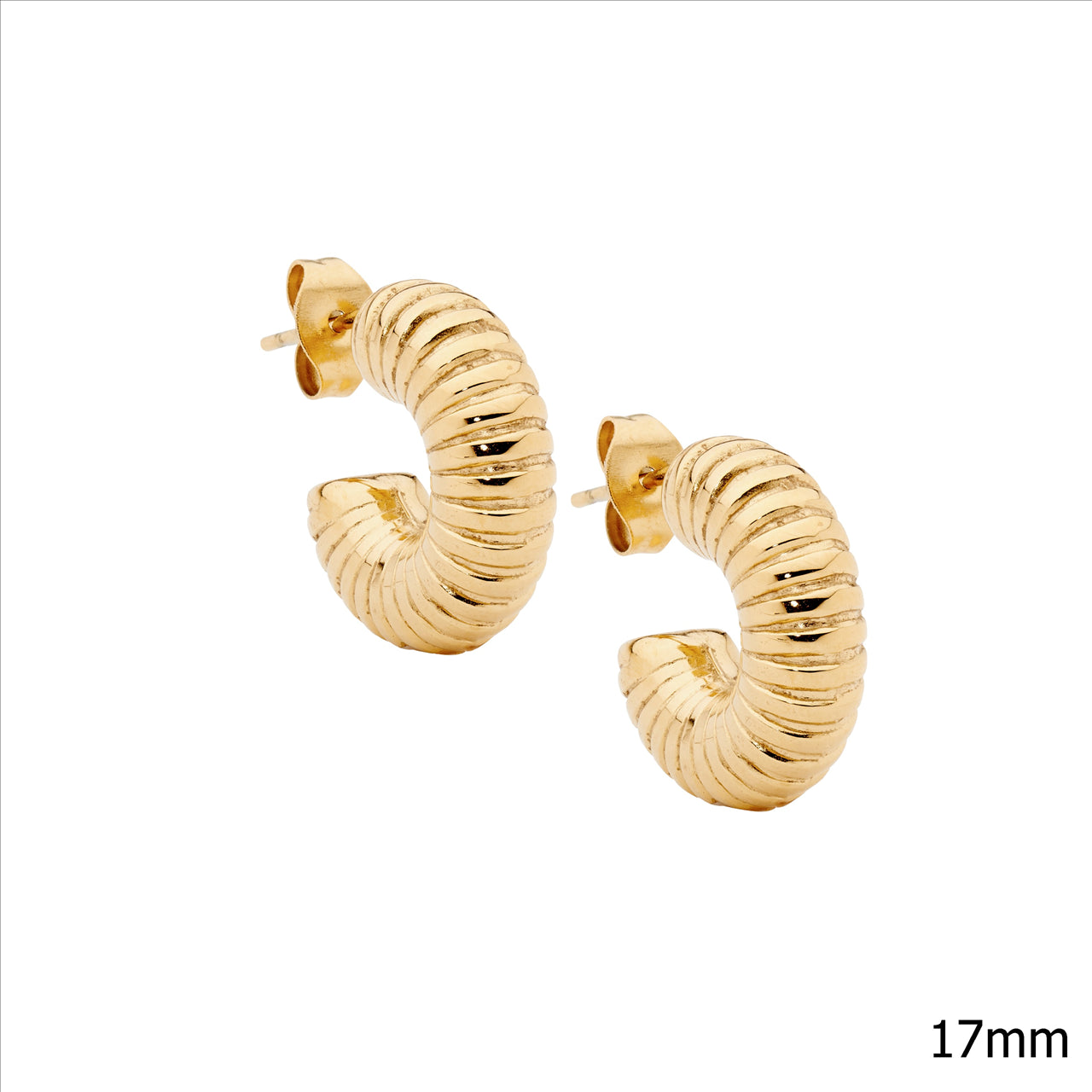 Stainless steel corrugated 17mm hoop earrings, gold IP plated