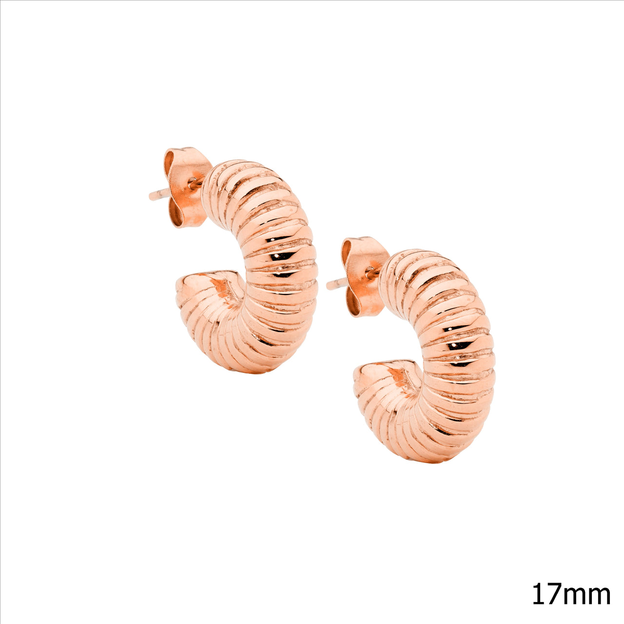 Stainless steel corrugated 17mm hoop earrings, rose gold IP plated