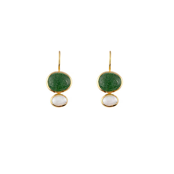 Cubism Green Aventurine Cabochon Freshwater S/S 18Ct Ygp Earrings