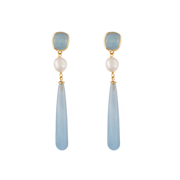 Artisan Milky Aquamarine Fresh Water Pearls S/S 18Ct Ygp Earrings