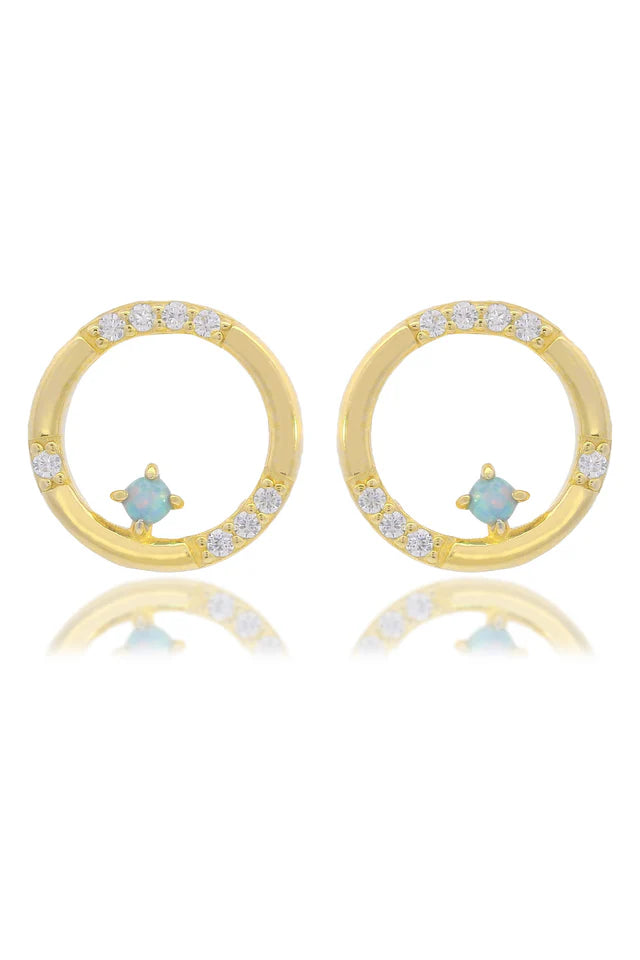 Opal Glow Blue Created Opal Circle Earrings Gold