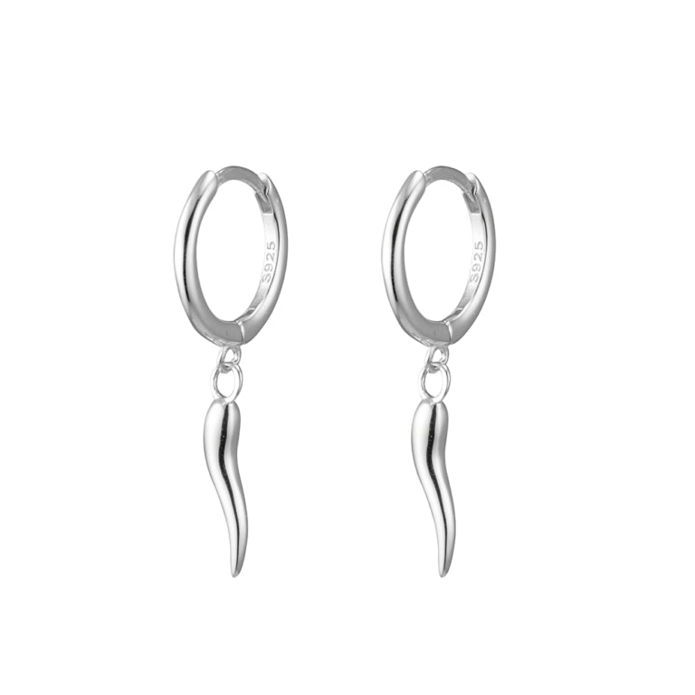 Sterling Silver Plain Huggie Earrings With Cornicello