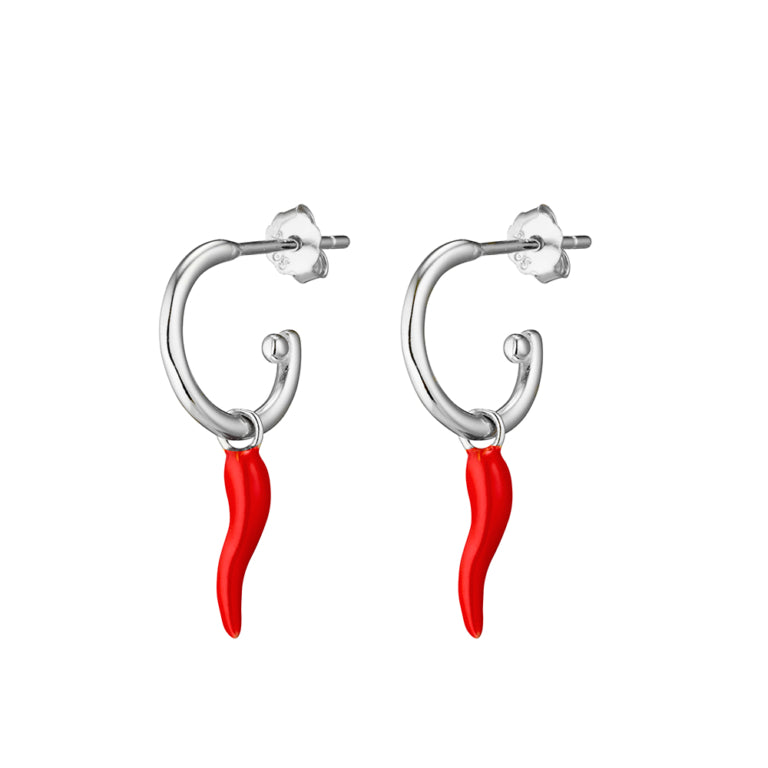 Sterling Silver Half Hoop Earrings With Red Cornicello