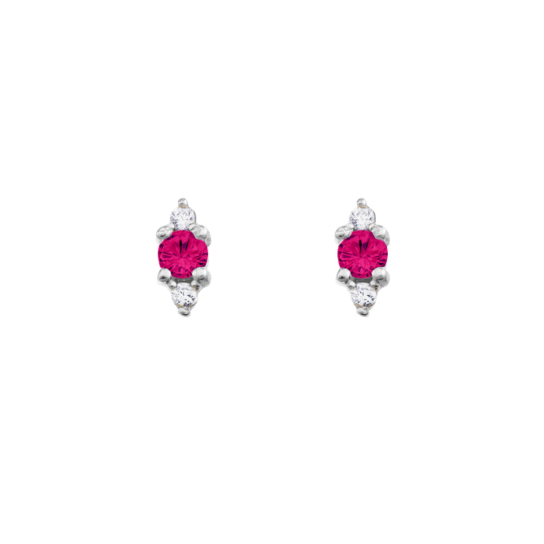 Sterling Silvr Studs With Ruby Pink Cz & Small Cz Stones
