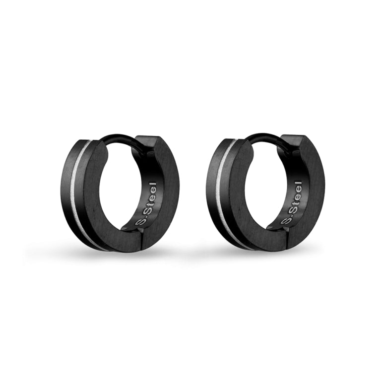 Blaze Stainless Steel Men's Huggie,Black Finish & Silver Line Detail