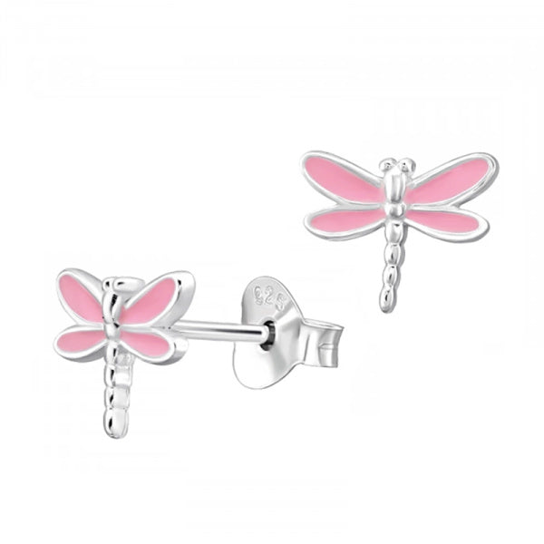 Sterling Silver Pink Enamel Drangonfly Studs