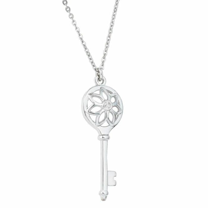 Rhodium Plated Sterling Silver Pendant Necklace With Diamond