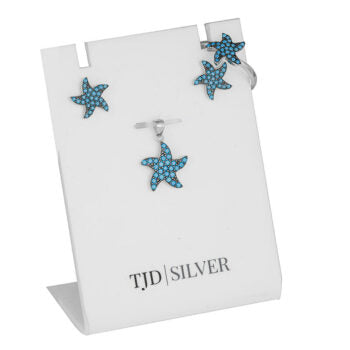 Sterling Silver Turquoise Star Fish Cubic Zirconia Matching Set Of A Ring,Studs&Pendant