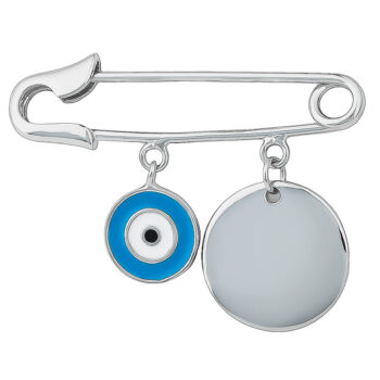 Sterling Silver Rodioum Plated Round Disk With Light Blue Eye Enamel Baby Pin