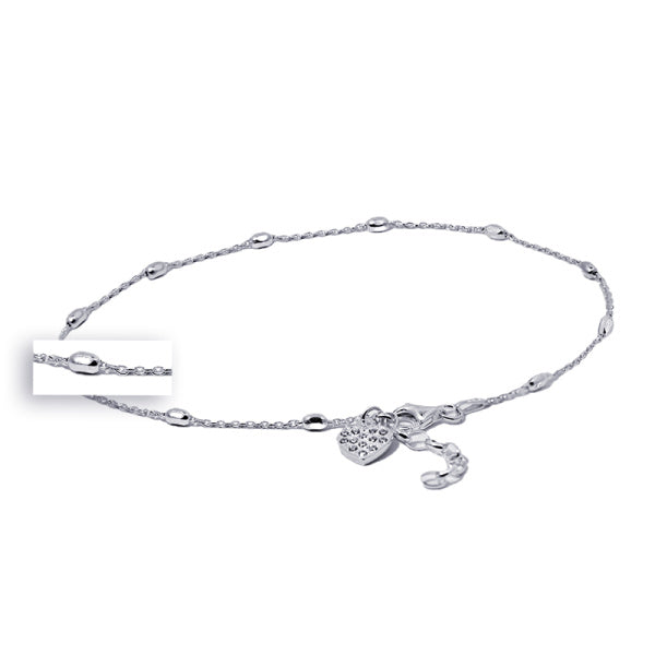 Sterling Silver Anklet With Beads +Cz Heart - 23+3Cm