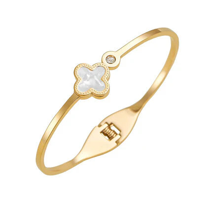 S/Rose Stls/Steel Clover Bangle With Cz-White/Gold